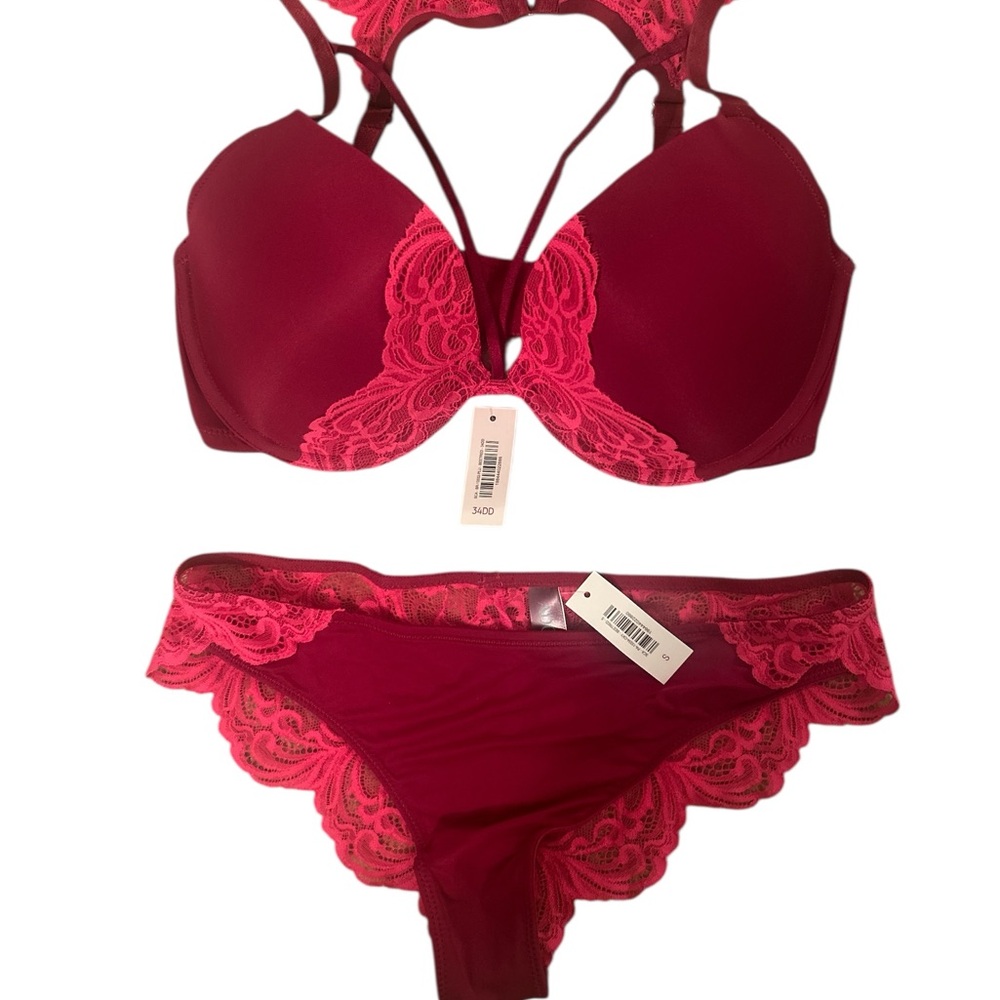 Adore Me Burgundy and Pink Lace Bra Set